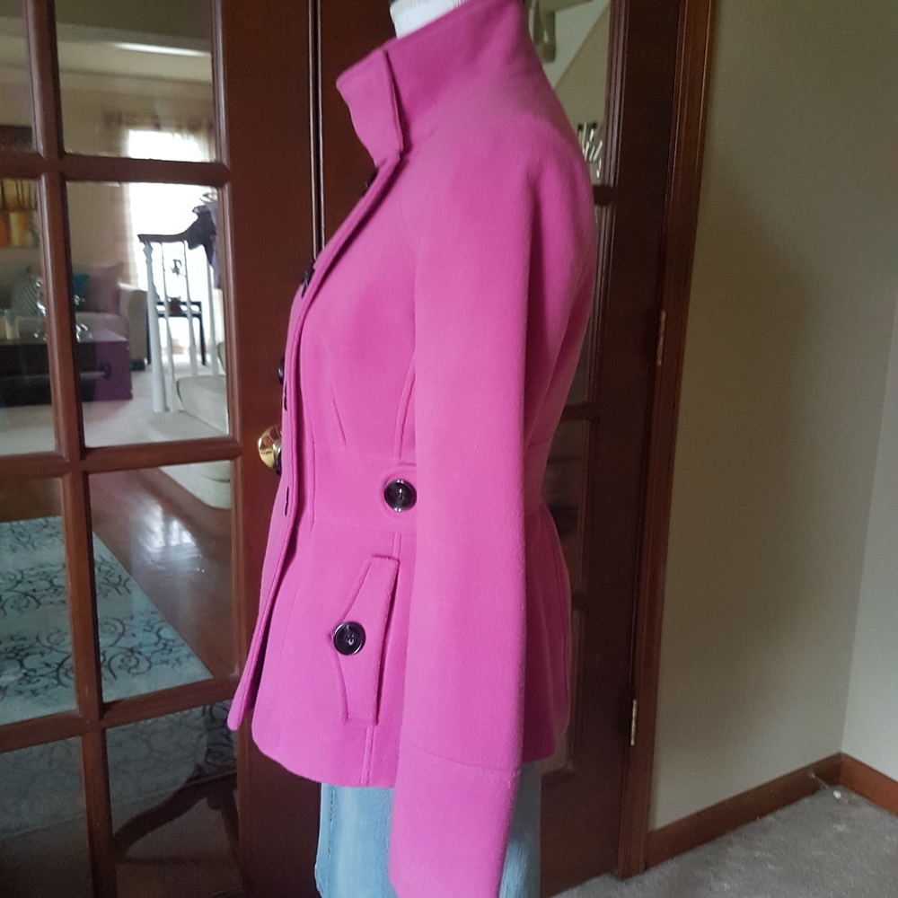 Fuchsia Pink Double Breasted Pea Coat with Black Buttons from London - Picture 6 of 17